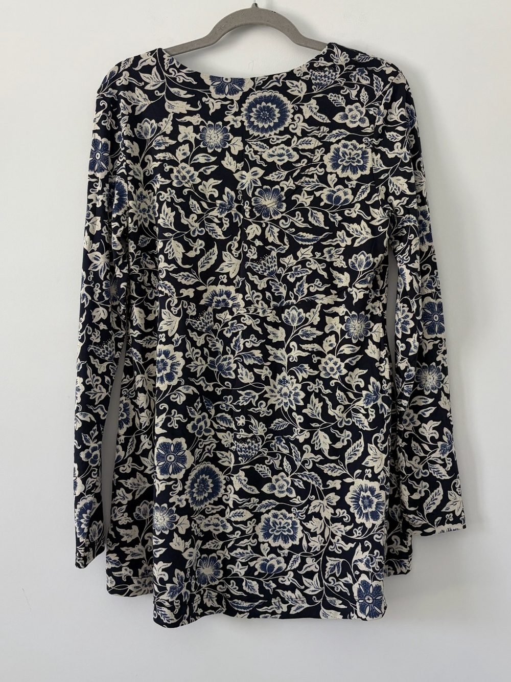 Peruvian Connection Blue Cream Black Floral Long Sleeve Tunic Boho Blouse M - Picture 5 of 7